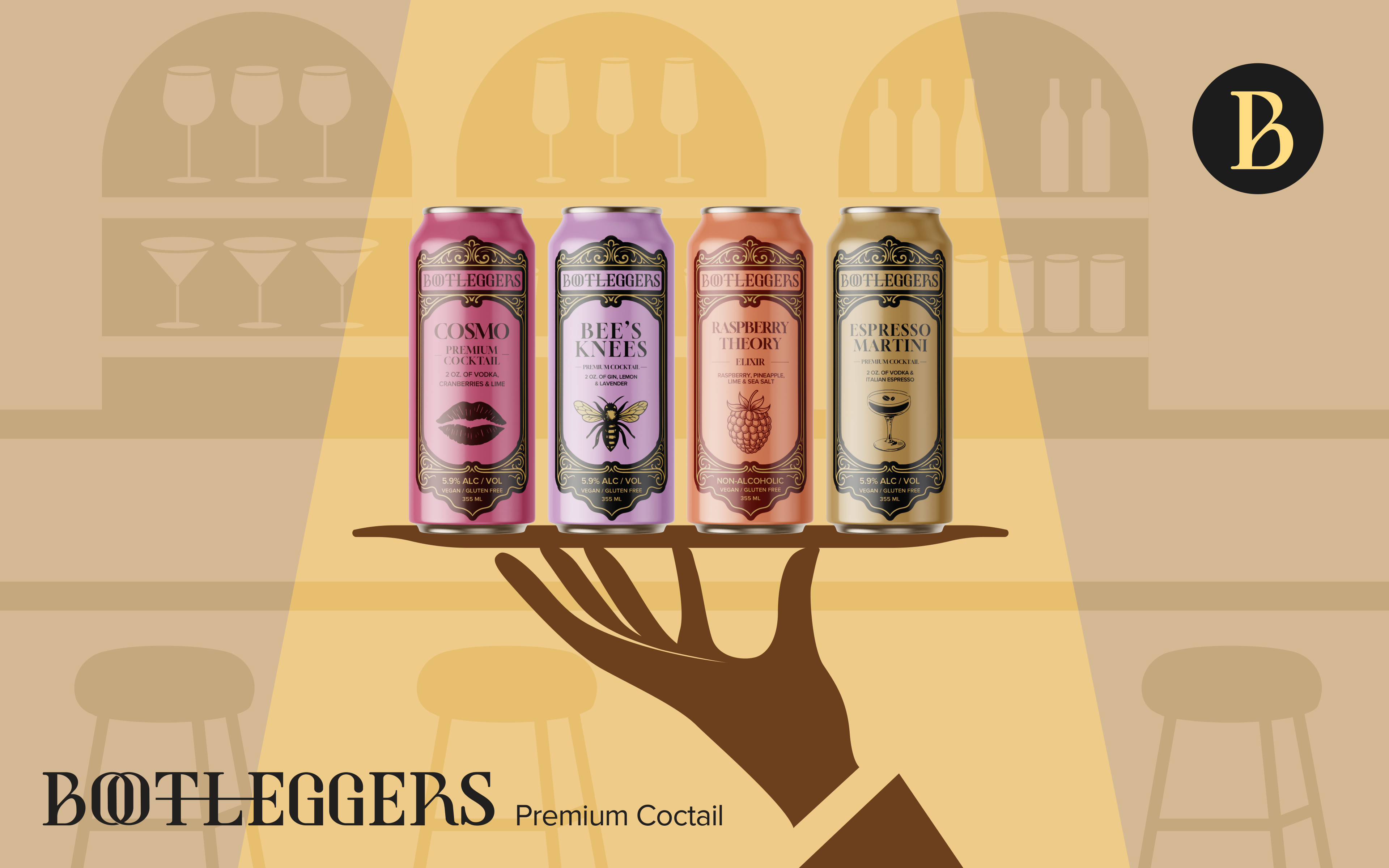 Bootleggers four cocktail cans on a serving tray